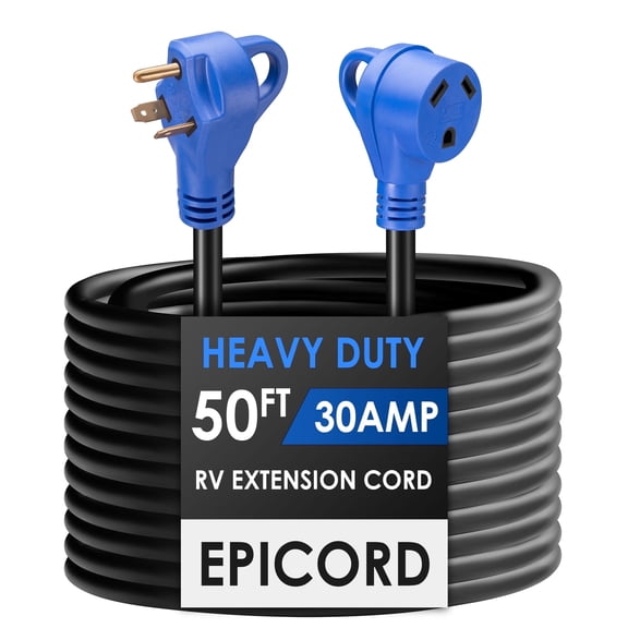 EPICORD 50ft 30Amp RV Extension Cord with Polarity LED Light 10/3 Gauge-Blue