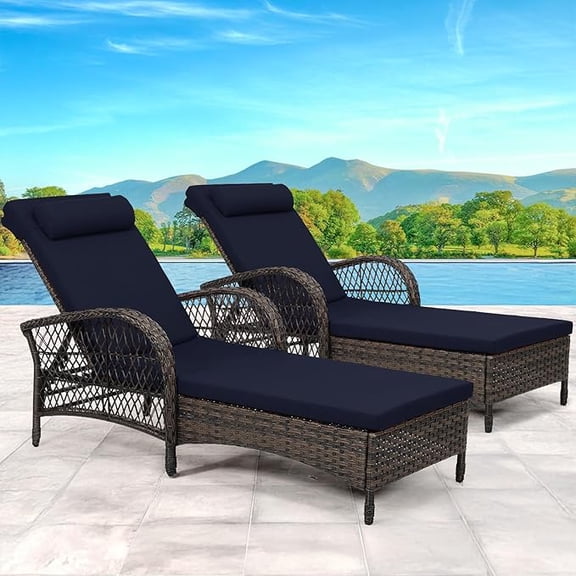 EPICOZY 2-Piece Outdoor Wicker Lounge Chairs with Cushion, Rattan Patio Chaise Loungers with 6-Level Backrest, All Weather Lay Flat Pool Sunbathing Recliner Chair, Armrest and Head Pillow, Navy Blue