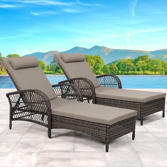 EPICOZY 2-Piece Outdoor Wicker Lounge Chairs with Cushion, Rattan Patio Chaise Loungers with 6-Level Backrest, All Weather Lay Flat Pool Sunbathing Recliner Chair, Armrest and Head Pillow, Beige