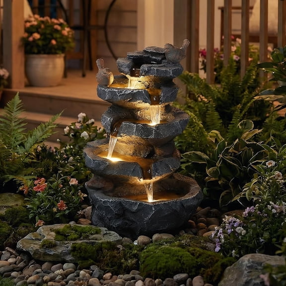 EPICOZY 22.3" Tall Outdoor Rock Waterfall Fountain, 5-Tier Cascading Garden Water Feature with Bird Decor & LED Lights, Natural Stone Resin Fountain with Filter Cotton for Patio, Yard, Porch & Indoor