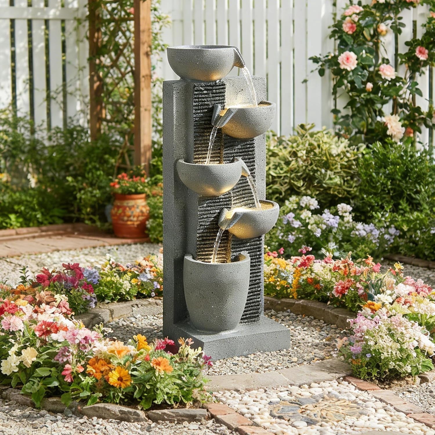 EPICOZY 23.3" Tall 5-Tier Cascading Bowl Outdoor Water Fountain, Modern Garden Waterfall Fountain with 4 LED Lights, Floor-Standing Resin Water Feature for Patio, Yard, Deck, House, Home Décor
