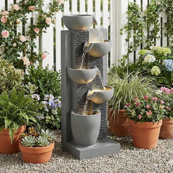 EPICOZY 23.3" Tall 5-Tier Cascading Bowl Outdoor Water Fountain, Modern Garden Waterfall Fountain with 4 LED Lights, Floor-Standing Resin Water Feature for Patio, Yard, Deck, House, Home Dcor