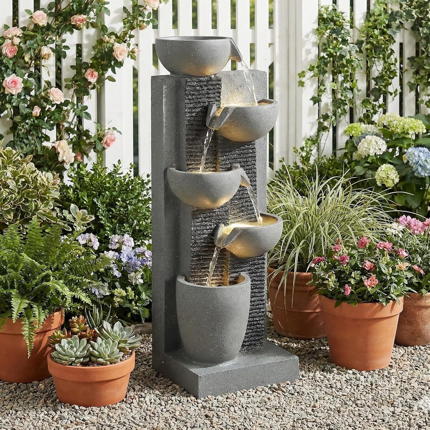 EPICOZY 23.3" Tall 5-Tier Cascading Bowl Outdoor Water Fountain, Modern Garden Waterfall Fountain with 4 LED Lights, Floor-Standing Resin Water Feature for Patio, Yard, Deck, House, Home Décor