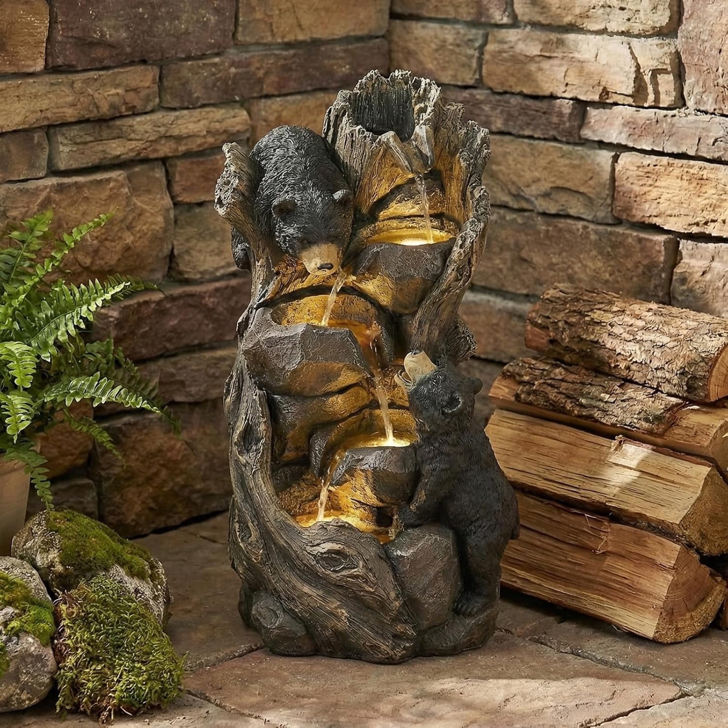 EPICOZY 23" H 5-Tier Outdoor Water Fountain, Realistic Black Bears Climbing Tree Waterfall Fountains with 4 LED Lights & Adjustable Flow, Resin Garden Water Feature for Farmhouse Patio Yard Deck