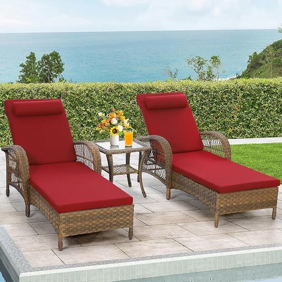 EPICOZY 3-Piece Outdoor Wicker Lounge Chair Set, Patio Chaise Loungers Set of 2 w/Side Table, 6-Position Adjustable Poolside Sunbathing Recliner, Armrest and Head Pillow, Fade-Resistant, Red