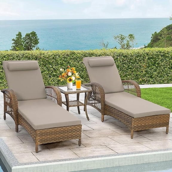 EPICOZY 3-Piece Outdoor Wicker Lounge Chair Set, Patio Chaise Loungers Set of 2 w/Side Table, 6-Position Adjustable Poolside Sunbathing Recliner, Armrest and Head Pillow, Fade-Resistant, Beige