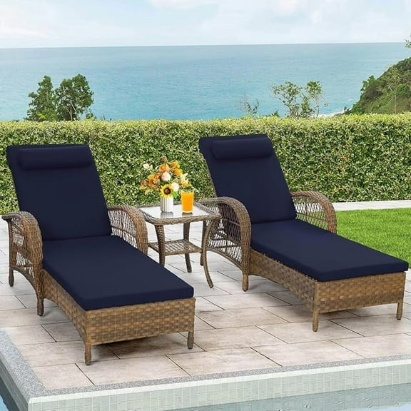 EPICOZY 3-Piece Outdoor Wicker Lounge Chair Set, Patio Chaise Loungers Set of 2 w/Side Table, 6-Position Adjustable Poolside Sunbathing Recliner, Armrest and Head Pillow, Fade-Resistant, Navy Blue