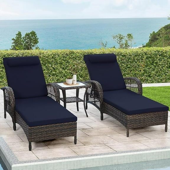 EPICOZY 3-Piece Outdoor Wicker Lounge Chair Set, Patio Chaise Loungers Set of 2 w/Side Table, 6-Position Adjustable Poolside Sunbathing Recliner, Armrest and Head Pillow, Fade-Resistant, Navy Blue