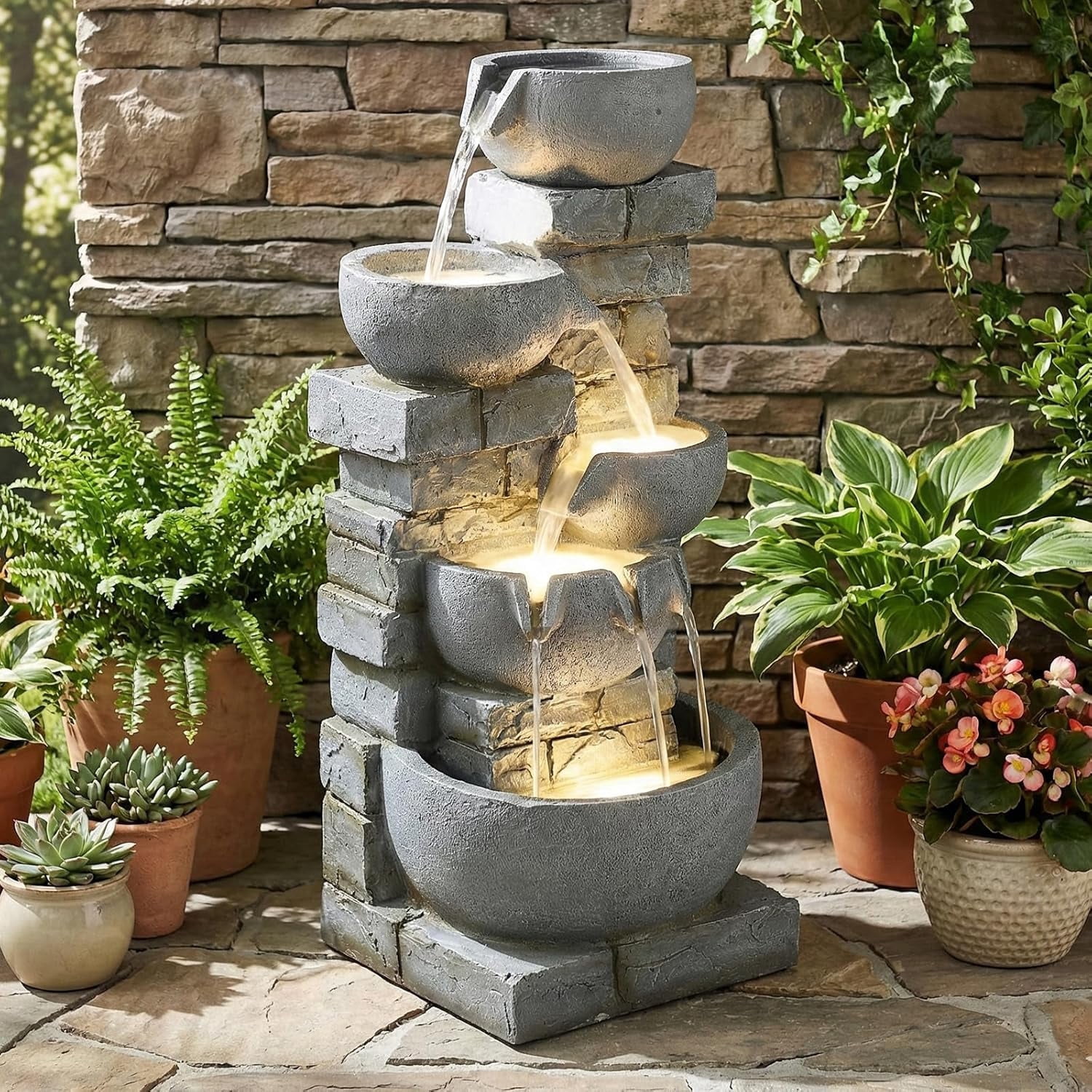EPICOZY 33" Tall Outdoor Water Fountain, 5 Tier Cascading Bowls and Stacked Stone Wall Waterfall Fountain with Warm LED Lights, Resin Garden Water Feature for Patio, Backyard and Home Art Décor