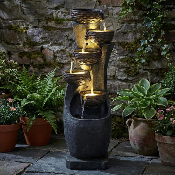 EPICOZY 36" Tall Garden Water Fountain, 6-Tier Outdoor Floor-Standing Cascading Waterfall Fountain with 4 LED Lights & Pump, Textured Relief Resin Water Feature for Patio, Porch & Home Art Dcor