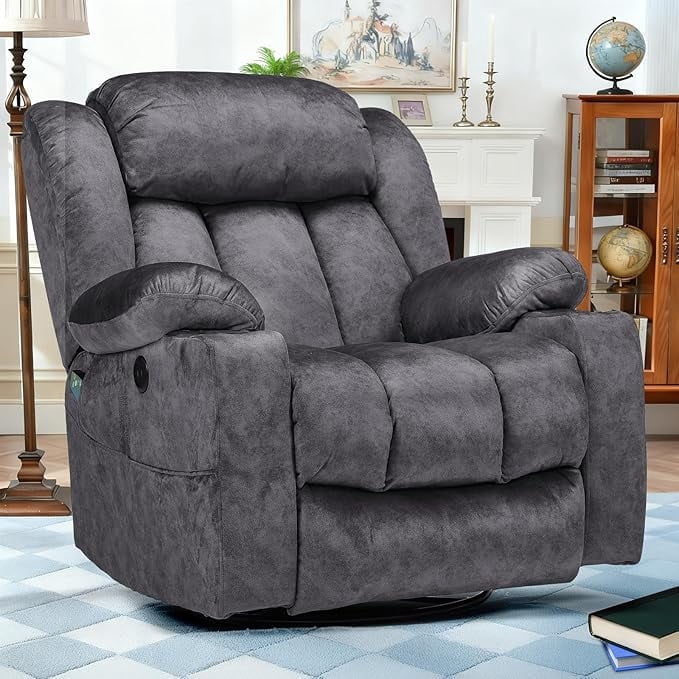 EPICOZY  360° Swivel Rocker Recliner Chair with Heat and Massage, Manual Glider Rocking Reclining Chair, Swivel Overstuffed Lounge Reclining Chair with 2 Cup Holders, Side Pockets & USB Ports, Grey