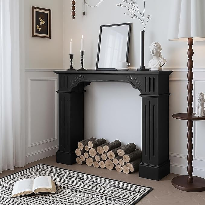 EPICOZY 43.3" Fireplace Mantel, Freestanding Fireplace Surround with Leg for Electric Fireplaces, MDF Mantel Surround with Shelf for Living Room with Decorative Pattern, Anti-Tipping & Waterproof