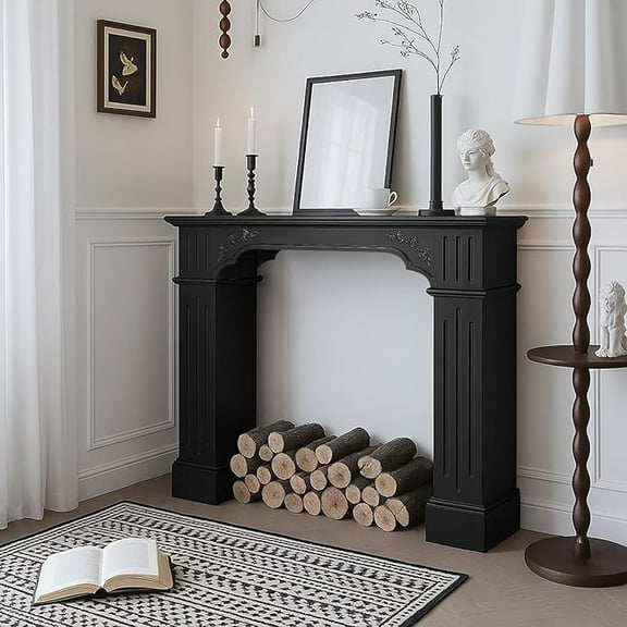 EPICOZY 43.3" Fireplace Mantel, Freestanding Fireplace Surround with Leg for Electric Fireplaces, MDF Mantel Surround with Shelf for Living Room with Decorative Pattern, Anti-Tipping & Waterproof