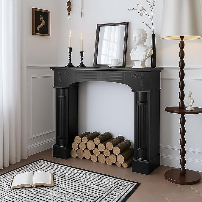 EPICOZY 43.3" Fireplace Mantel, Freestanding Fireplace Surround with Leg for Electric Fireplaces, MDF Mantel Surround with Shelf for Living Room with Decorative Pattern, Anti-Tipping & Waterproof