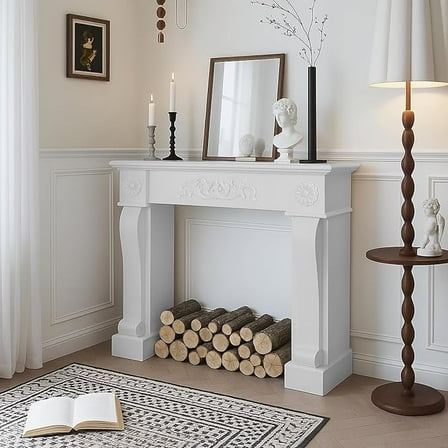 EPICOZY 44.5" Fireplace Mantel, Freestanding Fireplace Surround with Leg for Electric Fireplaces, MDF Mantel Surround with Shelf for Living Room with Decorative Pattern, Anti-Tipping & Waterproof