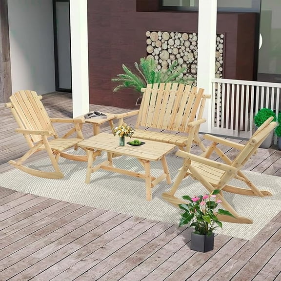 EPICOZY 5-Piece Outdoor Log Wood Rocking Set, Rustic Wooden Conversation Set Including 2-Seater Loveseat, 2 Coffee Tables, 2 Log Rocker Chairs, Patio Furniture Chair Set for Garden, Natural