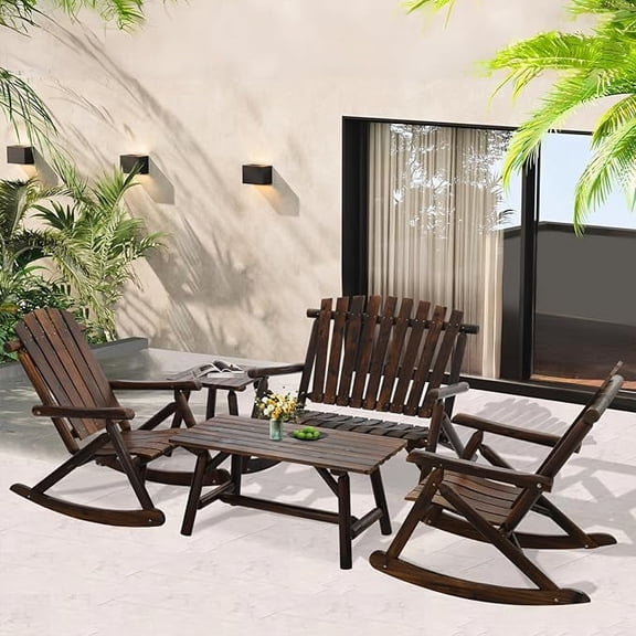 EPICOZY 5-Piece Outdoor Wood Rocking Bistro Set, Rustic Wooden Conversation Set Including 2-Seater Loveseat, 2 Coffee Table, 2 Log Rocker Chair, Patio Furniture Chair Set for Lawn Yard, Carbonized