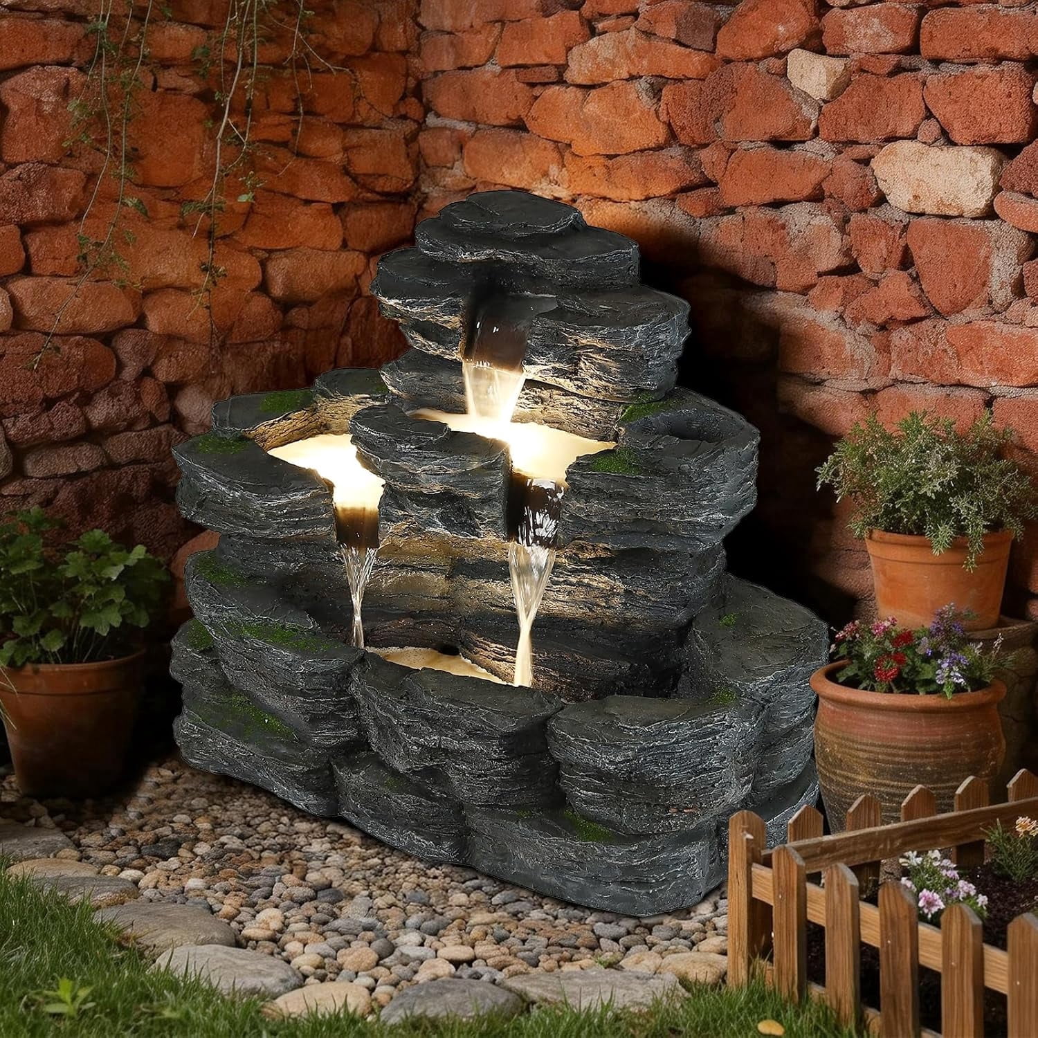 EPICOZY 5-Tier Rock Outdoor Water Fountain, 29.7" L Realistic Moss Decor & Cascading Waterfall Fountain with LED Lights, Resin Garden Water Feature for Patio, Yard & Porch, Home Art Décor