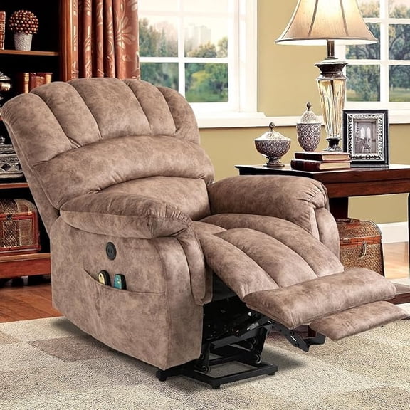 EPICOZY Large Power Lift Recliner Chair for Elderly Big Tall Man, Overstuffed Heated Massage Wide Electric Recliners with Extended Footrest, 2 Remote Controls, Side Packets & USB Ports, Fabric Brown