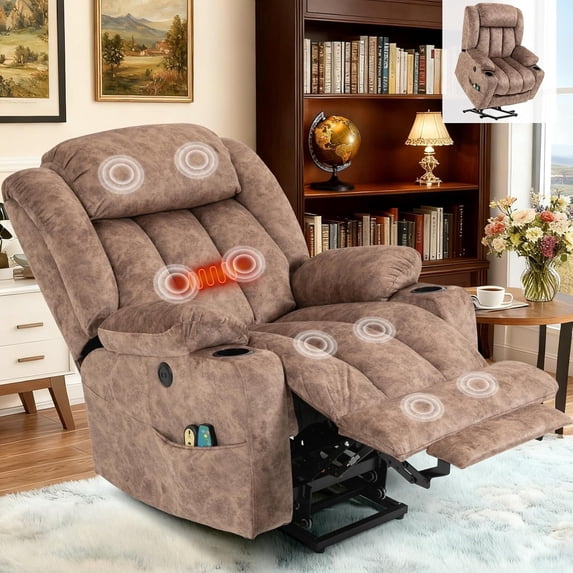 EPICOZY Large Power Lift Recliner Chair for Elderly Tall Man, Overstuffed Widen Massage Electric Recliner with Heat Vibration, Extended Footrest, Cup Holders, Side Pockets & USB Ports, Fabric Brown