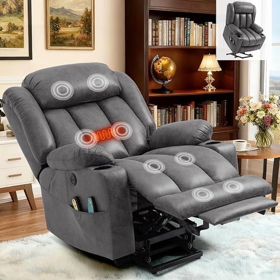 EPICOZY Large Power Lift Recliner Chair for Elderly Tall Man, Overstuffed Widen Massage Electric Recliner with Heat Vibration, Extended Footrest, Cup Holders, Side Pockets & USB Ports, Grey