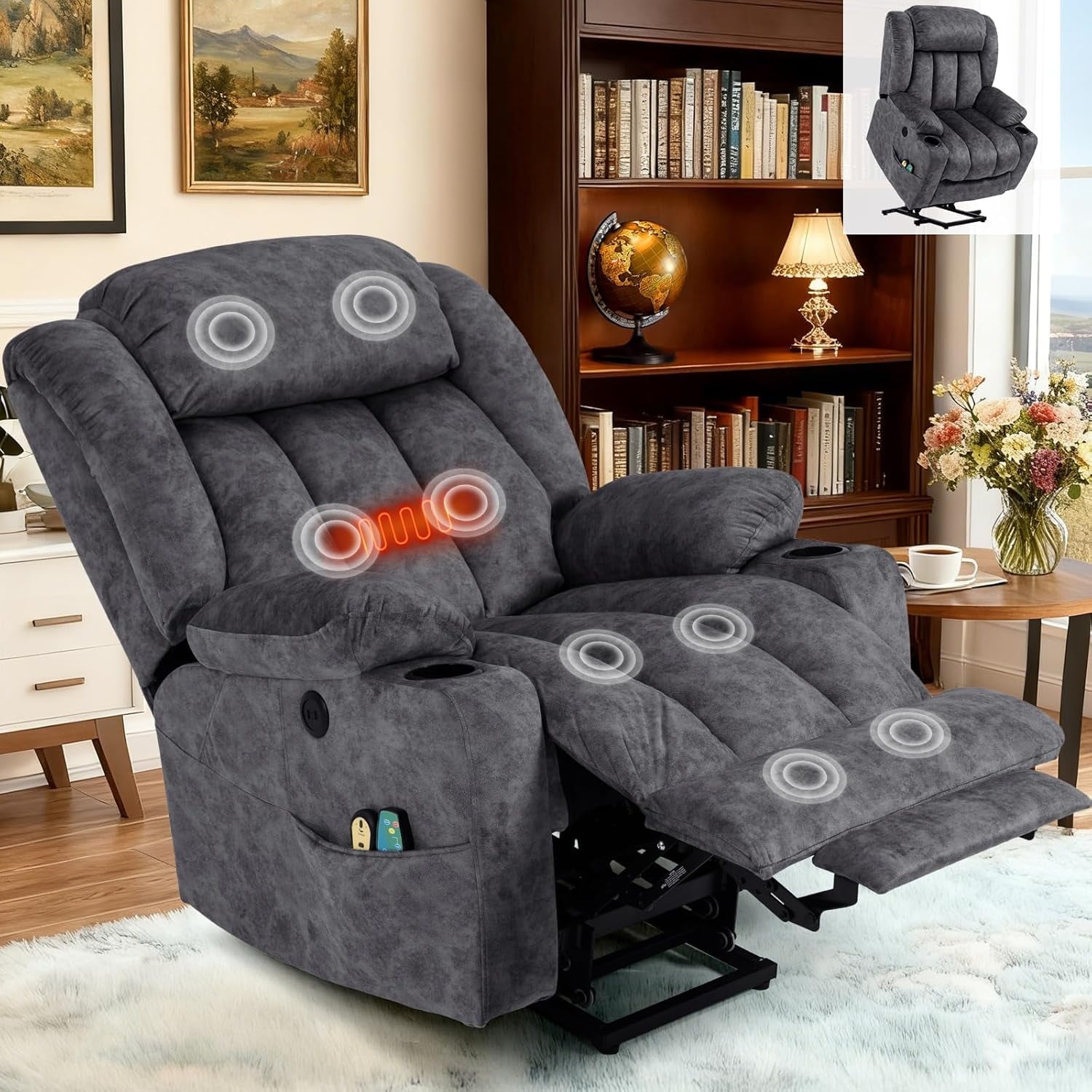 EPICOZY Large Power Lift Recliner Chair for Elderly Tall Man, Overstuffed Widen Massage Electric Recliner with Heat Vibration, Extended Footrest, Cup Holders, Side Pockets & USB Ports, Fabric Grey