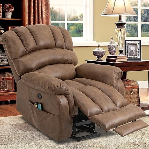 EPICOZY Large Power Lift Recliner Chair with Extended Footrest for Elderly Big Tall Man, Overstuffed Heated Massage Wide Electric Recliners with 2 Remote Controls, Side Packets & USB Ports, Brown