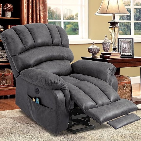 EPICOZY Large Power Lift Recliner Chair with Extended Footrest for Elderly Big Tall Man, Overstuffed Heated Massage Wide Electric Recliners with 2 Remote Controls, Side Packets & USB Ports, Grey