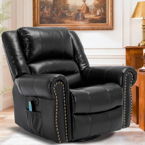 EPICOZY Manual Massage Swivel Rocker Recliner with Heat and Vibration, 360° Swivel Glider Rocking Recliner Chair, Classic Living Room Lounge Recliners with Side Pockets & USB Ports, Black