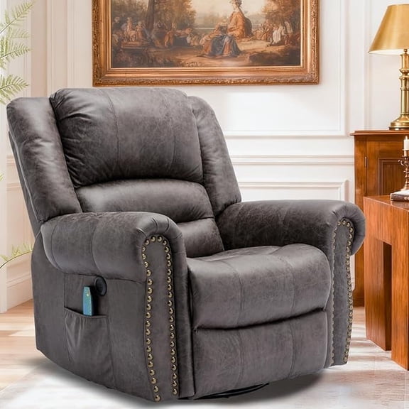 EPICOZY Manual Massage Swivel Rocker Recliner with Heat and Vibration, 360° Swivel Glider Rocking Recliner Chair, Classic Living Room Lounge Recliners with Side Pockets & USB Ports, Dark Gray