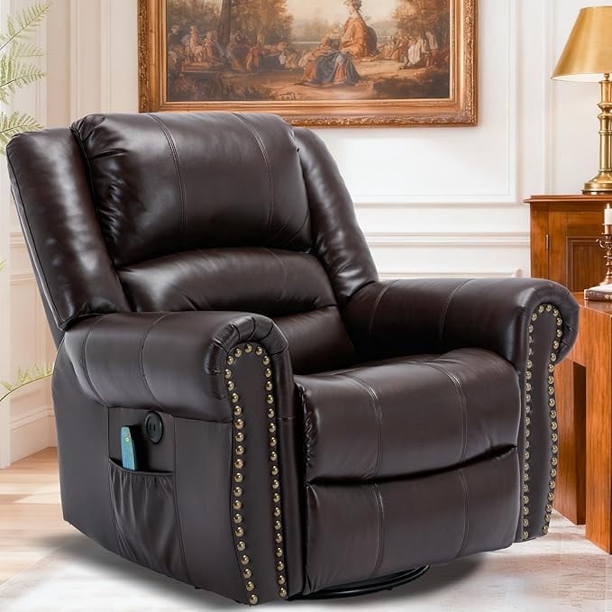 EPICOZY Manual Massage Swivel Rocker Recliner with Heat and Vibration, 360° Swivel Glider Rocking Recliner Chair, Classic Living Room Lounge Recliners with Side Pockets & USB Ports, Brown