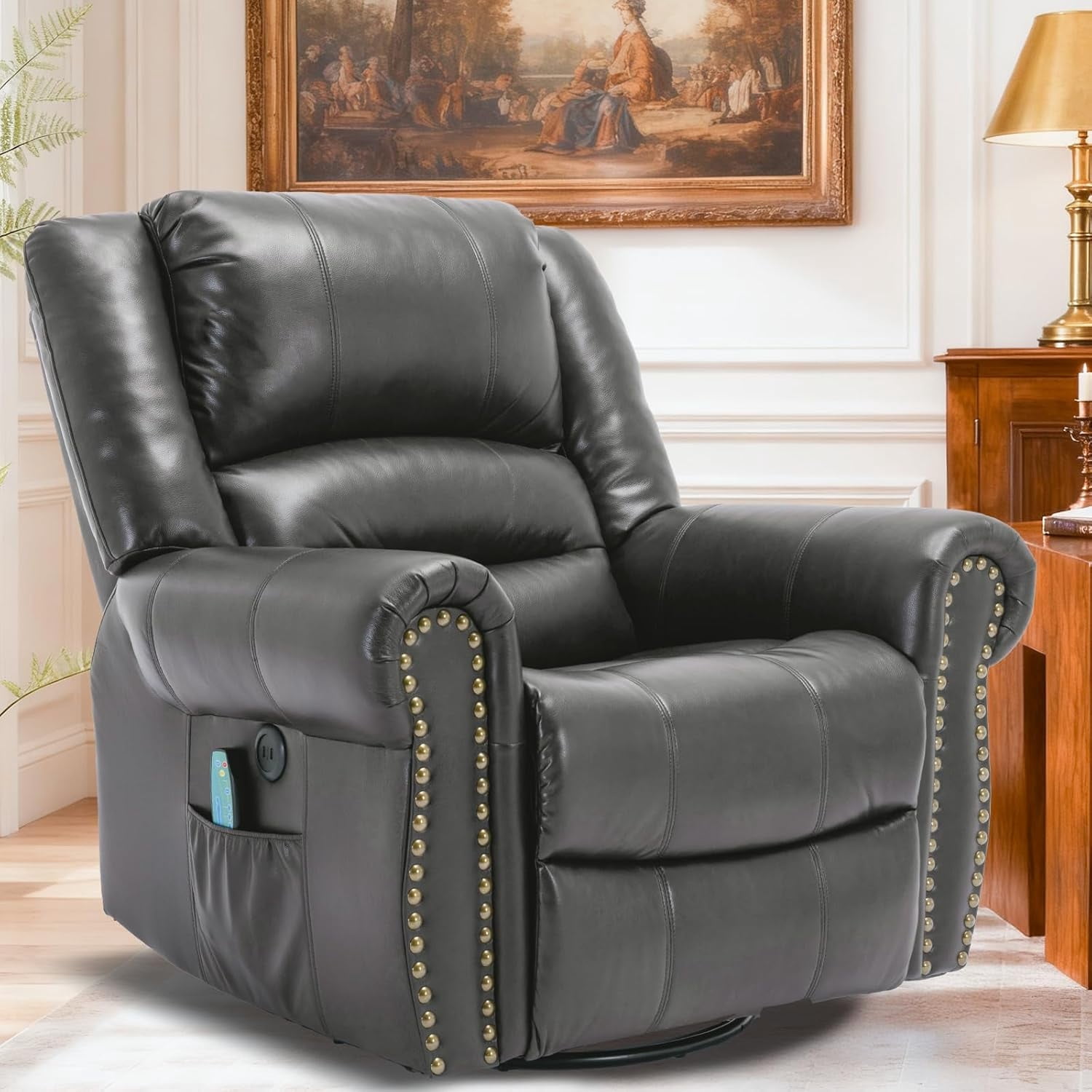 EPICOZY Manual Massage Swivel Rocker Recliner with Heat and Vibration, 360° Swivel Glider Rocking Recliner Chair, Classic Living Room Lounge Recliners with Side Pockets & USB Ports, Grey