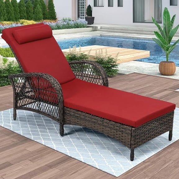 EPICOZY Outdoor Wicker Lounge Chair with Cushion, 6-Position Adjustable Patio Chaise Lounge, All Weather Lay Flat Pool Sunbathing Recliner Chair, Armrest and Head Pillow, Fade-Resistant, Red