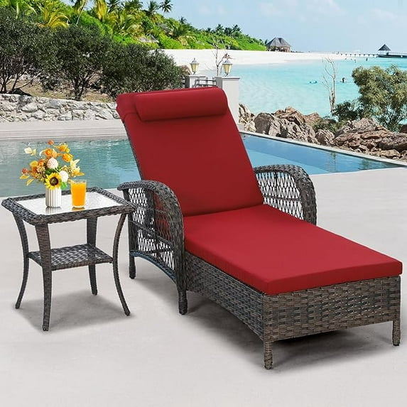 EPICOZY Outdoor Wicker Lounge Chair Set, 6-Position Adjustable Patio Chaise Lounge w/Side Table, All Weather Lay Flat Pool Sunbathing Recliner, Armrest & Head Pillow, Fade-Resistant, Red