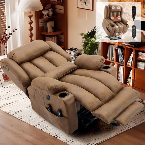 EPICOZY Oversized Dual Motor Power Lift Recliner Chair with Extended Footrest for Big Tall Man, Lay Flat Sleeper Electric Recliner with Massage and Heat, Lumbar Pillow, USB & Type-C Port, Brown