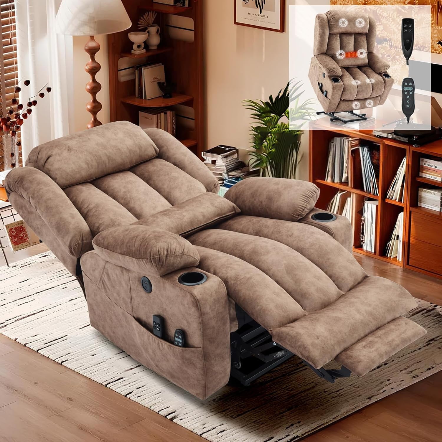 EPICOZY Oversized Dual Motor Power Lift Recliner Chair with Extended Footrest for Big Tall Man, Lay Flat Sleeper Electric Recliner with Massage and Heat, Lumbar Pillow, USB & Type-C Port, Plush Brown