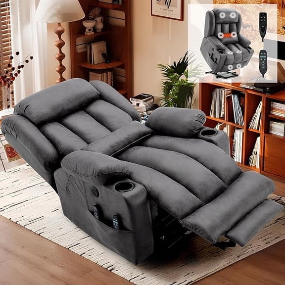 EPICOZY Oversized Dual Motor Power Lift Recliner Chair with Extended Footrest for Big tall Man, Lay Flat Sleeper Electric Recliner with Massage and Heat, Lumbar Pillow, USB & Type-C Port, Gray