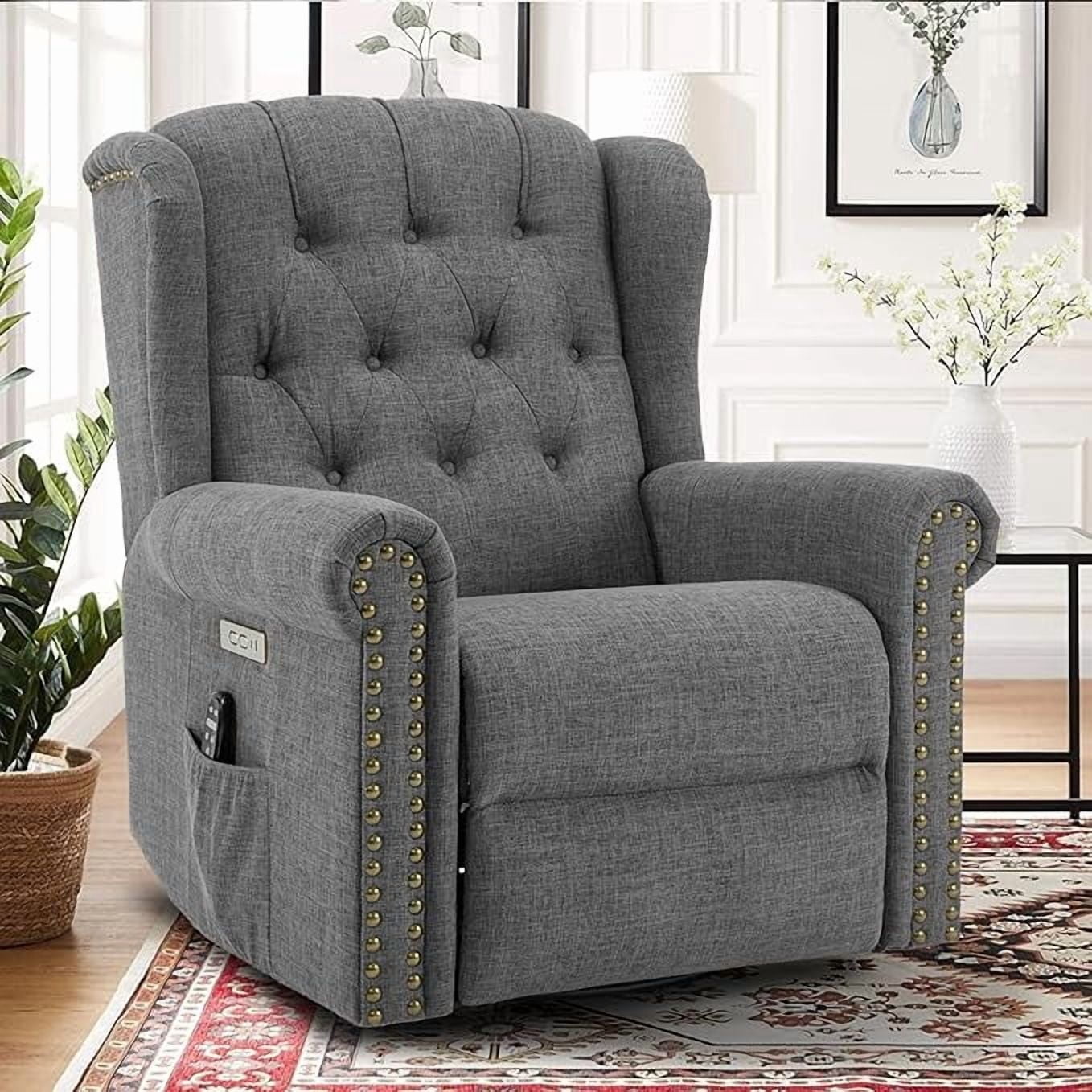 EPICOZY Power Swivel Rocking Glider Recliner Chair with Massage and Heat, Electric Nursery Glider Rocker for Living Room, Wingback Tufted Upholstered Recliner Chair with Type-C & USB Ports, Grey