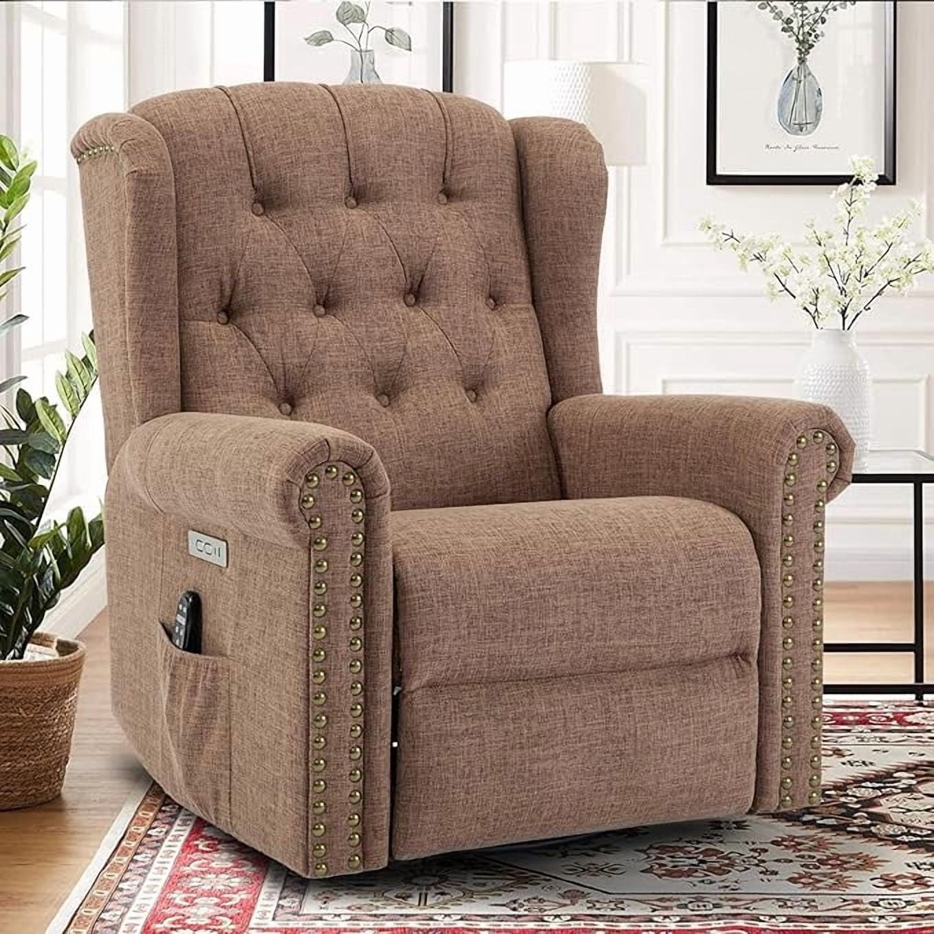 EPICOZY Power Swivel Rocking Glider Recliner Chair with Massage and Heat, Electric Nursery Glider Rocker for Living Room, Wingback Tufted Upholstered Recliner Chair with Type-C & USB Ports, Brown