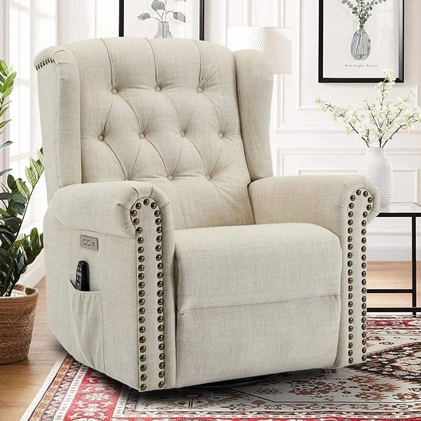 EPICOZY Power Swivel Rocking Glider Recliner Chair with Massage and Heat, Electric Nursery Glider Rocker for Living Room, Wingback Tufted Upholstered Recliner Chair with Type-C & USB Ports, Beige