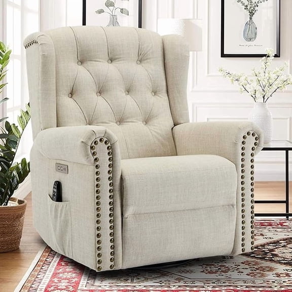 EPICOZY Power Swivel Rocking Glider Recliner Chair with Massage and Heat, Electric Nursery Glider Rocker for Living Room, Wingback Tufted Upholstered Recliner Chair with Type-C & USB Ports, Beige
