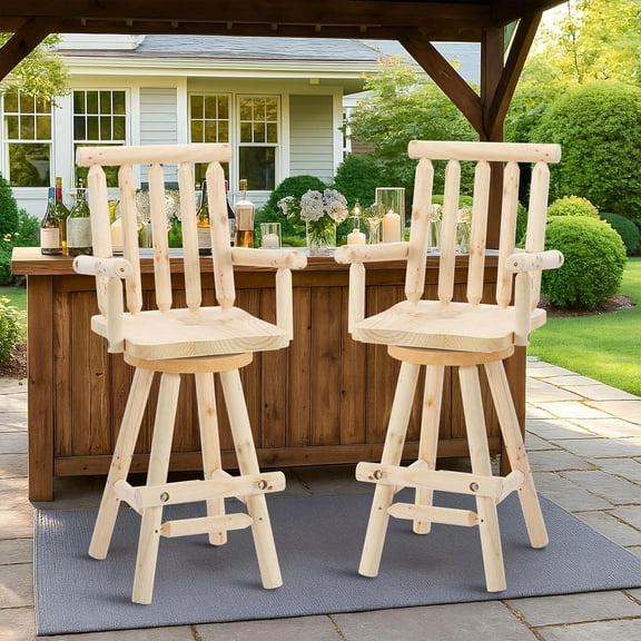 EPICOZY Solid Wood Adirondack Swivel Bar Chairs Set of 2, Rustic Outdoor Log Bar Stools with Slat Back, 500 LBS Capacity, 29.8" Patio Counter Height Chair for Porch, Deck, Pub, Cabin, Natural