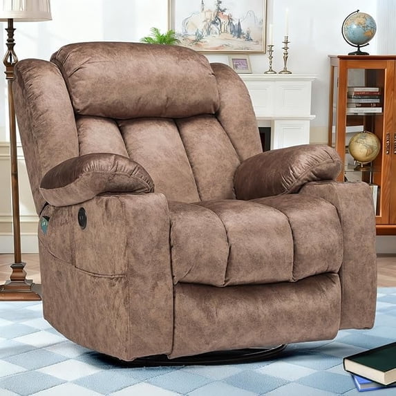 EPICOZY Swivel Rocker Recliner Chair with Heat, Massage, Manual Glider, 2 Cup Holders, USB Ports, Brown Fabric