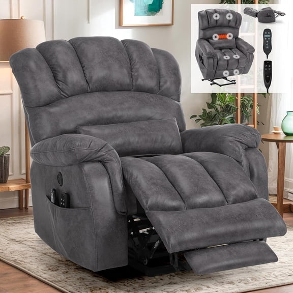 EPICOZY Tall Man Dual Motor Oversized Power Lift Recliner Chair with Extend Footrest, Infinite Position, Lay Flat Sleeper Electric Recliner W/Massage and Heat, Lumbar Pillow, USB &Type-C Port, Grey