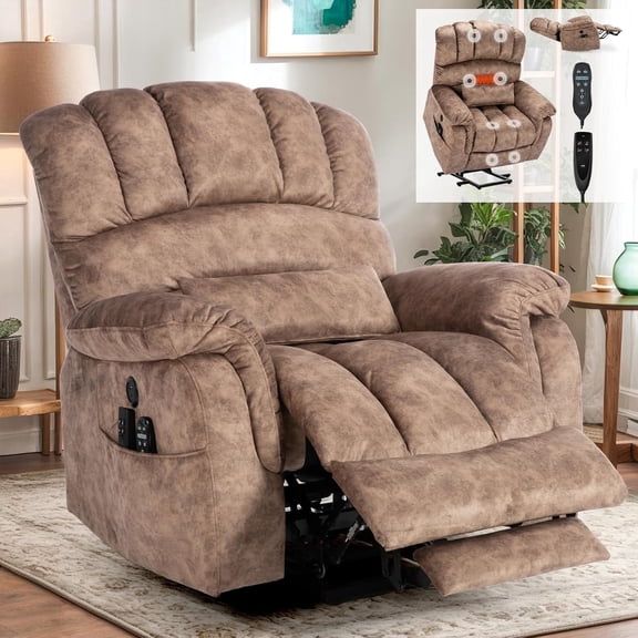 EPICOZY Tall Man Dual Motor Oversized Power Lift Recliner Chair with Extended Footrest, Lay Flat Sleeper Electric Lift Recliner with Massage and Heat, Lumbar Pillow, USB & Type-C Port, Plush Brown