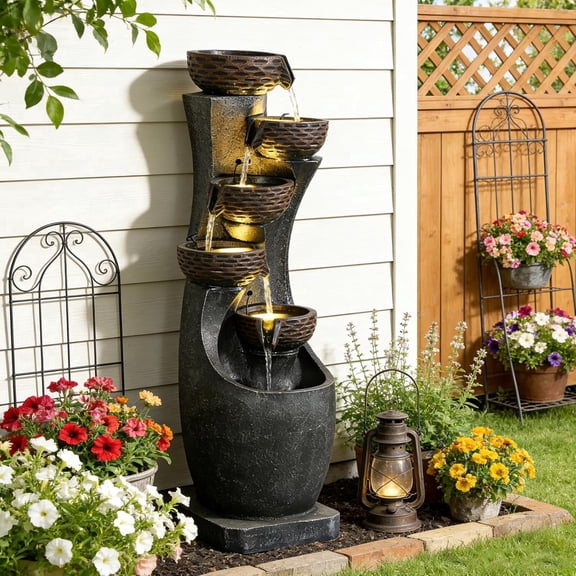 EPICOZY 36" Tall Garden Water Fountain, 6-Tier Outdoor Floor-Standing Cascading Waterfall Fountain with 4 LED Lights & Pump, Textured Relief Resin Water Feature for Patio, Porch & Home Art Dcor