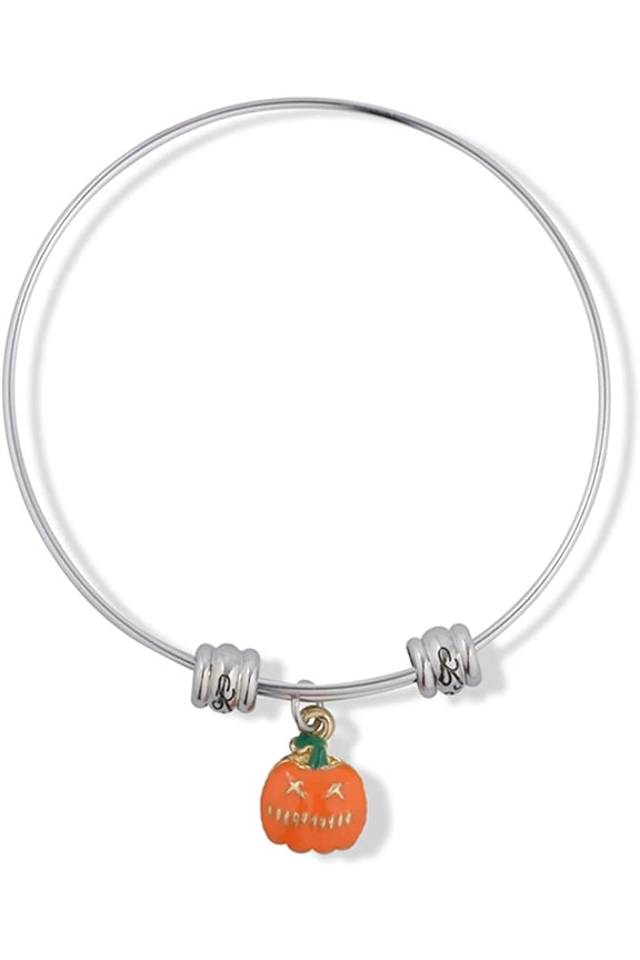 Pumpkin Jack O Lantern Orange with Green Stem Fancy Charm Bangle