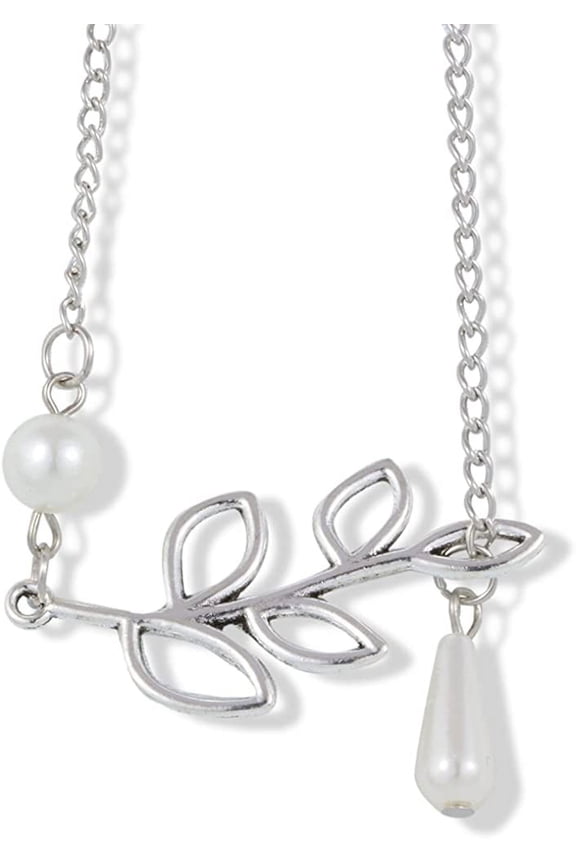 Willow Leaf with Two Faux Pearls on Silver Coloured Chain Necklace