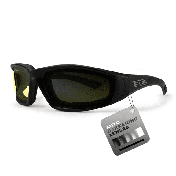 Epoch Eyewear Auto-Darkening Foam Padded Motorcycle Sunglasses Black Frames with Photochromic Yellow to Smoke Lens