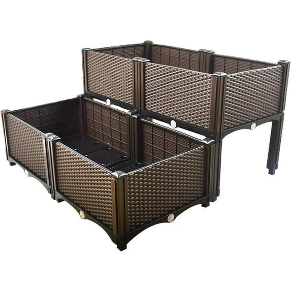 EPOTOOR Set of 4 Elevated Plastic Raised Garden Bed Planter Kit for Flower Vegetable Grow, Elevated Planting Container with Legs for Indoor & Outdoor Use, Brown